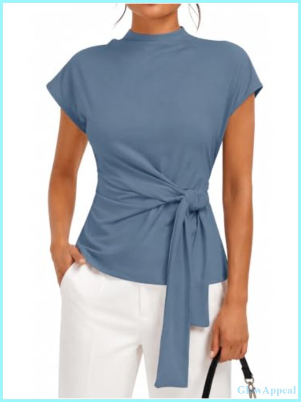Mock Neck Cap Sleeve Tie Waist Twist Front Blouse Dressy Work Top